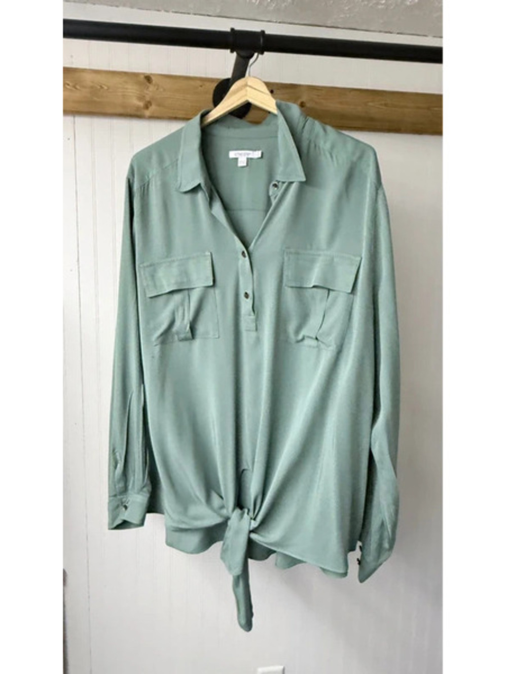 Silk Blend Tie-Front Pullover Chico's sage green size 4 or xxl casual fall